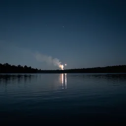 a lake shore, stars reflecting on the water, faint fireworks in the distance, 4k reflections, 8k