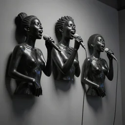 3 d female heads coming out of a wall singing soul music to each other, pearlescent black, octane smooth masterpiece, highly detailed dino valls wayne barlowe machiej kuciara, dramatic lighting, medium shot, low angle, uhd 8 k, sharp focus