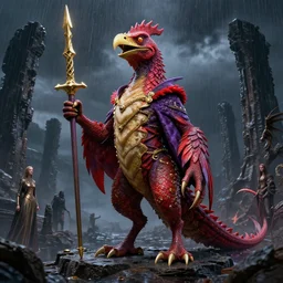 a reptile bird chimera hybrid with claws fangs bristles feathers tails wearing surreal clothes wielding excalibur, on a dark alien world with imposing stone ruins, during a hail storm, in the style of boris vellejo, julie bell, giger, gerald brom, leng jun, fantasy, dramatic studio lighting, science fiction, red purple gold ivory, octane render 8 k