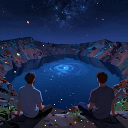 concept art by jama jurabaev and ismail inceoglu and sparth, cel shaded, cinematic shot, trending on artstation, high quality, brush stroke, vibrant colors, night under the starry sky, the lake surface of the crater is dotted with stars, and fluorescent petals fall in the picture