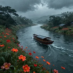 a boat wandering in the river, asia, cyberpunk, japan, land, rain, dark, lostus flowers, octance render, artstaion, 8 k, fantasy