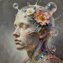 illustration of a melting human head of acrylic bubbles and flowers, ferrofluids, water distortions. intricate abstract. intricate artwork. colortheme by beeple, muted colors