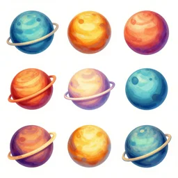 isometric sprite sheet of planets of vivid colours in gouache detailed paintings rotated left rotated right props stylised pixel art,