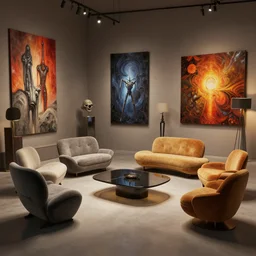furniture designs in the style of blade runner, 3d render, unreal engine, interior design, Les Edwards, Zdzislaw Beksinski, Carl Gustav Carus, John Harris, Michal Karcz, Zhang Kechun, Mikko Lagerstedt, Scott Listfield, Steven Outram, Jessica Rossier.