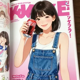 y 2 k aesthetic japanese pop - culture magazine illustration, girl in tank - top and denim jump suit holding a can of soda near her smiling face