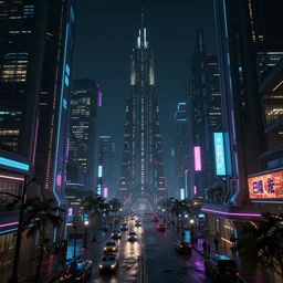 A magnificent dark neon futuristic cyberpunk city bustling street at night made in cinema4d, extreme details