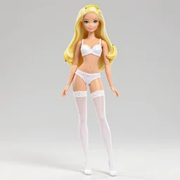 anime barbie in white, banana, lace underwear, stockings, white bra, full length, standing posture, full length, patterned clothing