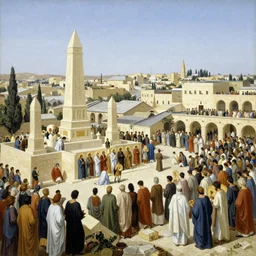 1000bc nazareth with holy monuments and crowd, by Victo Ngai and takato yamamoto, painting with micro detail, backlit lighting, face in focus, subsurface scattering, translucent, octane renderer, colorful, physically based rendering