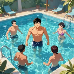 photo cartoon illustration comics manga painting of swimming pool : 6 fantasy, digital painting, unreal engine, 8 k, volumetric lighting, contrast