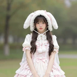 young woman wearing a pink rococo dress with a bunny hood