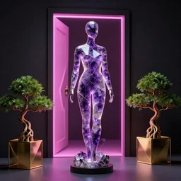 beautiful mannequin sculpted out of amethyst by billelis + lit with geometric neon + kintsugi, facing a doorway opening with neon pink geometric light + gold geometric cubed bonsai plants, clean linework, dramatic, finely detailed, rule of thirds, moody, award winning, 4 k, trending on artstation, photorealistic, volumetric lighting, octane render