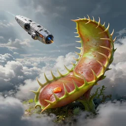 a giant venus fly trap catching a spacecraft, digital matte painting, fantasy art, highly detailed, dramatic clouds