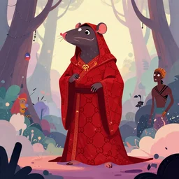 shamanistic druid half rat, made of red gucci fabric, otherworldly forest, pixiv fanbox, dramatic lighting, maximalist pastel color palette, splatter paint, pixar and disney concept, graphic novel by fiona staples and dustin nguyen, peter elson, alan bean, wangechi mutu, clean cel shaded vector art, trending on artstation
