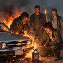 an arsonist burns a chevrolet with a lit match and a canister gasoline, digital painting, masterpiece by rembrandt and thomas kinkade and frank frazetta and kentaro miura, by reiq and tite kubo, stylized yet realistic faces and anatomy, advanced lighting technology, beautiful, gorgeous brush strokes
