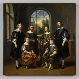 oil paint canva of family portrait in the main room of the castle, dark room, one point of light trough a big window. baroque style 1 6 5 0, high details on clothes, realistic faces and expressions