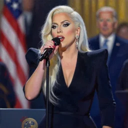 lady gaga singing in joe biden's inauguration, realism, oil in canvas, volumetric light, glare,