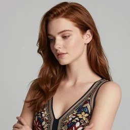 olive skinned auburn hair female model in her twenties, wearing a designer top, looking content, focused on her neck, photo realistic, extreme detail skin, natural beauty, no filter, slr, golden hour, 4 k, high definition, selfie