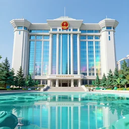 highly detailed north korean pyongyang architecture by antoni gaudi, reflective lighting, holographic, stylized vegetation, ground - level view, puddles of turquoise water, stunning sunny lighting, sunrise, by hieronymus bosch, 8 k, matte painting, ray tracing, unreal engine 5, octane render, cyberpunk, vibrant
