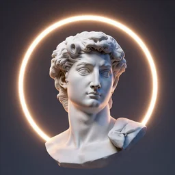 a circle of neon light surrounding the head of a renaissance statue, 3 d render