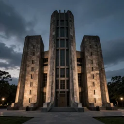 foreboding tomb designed by frank lloyd wright, modernist, grim, twilight, photograph
