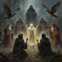 masterful fantastic realist painting of the enchanted summoning rituals of unusual moody birds wearing cloaks, weird perspective, digital painting trending on artstation, volumetric lighting and mist, hyperrealistic, octane render
