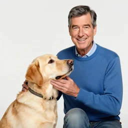 Fred Rogers petting a golden lab dog, 4k, award winning photo