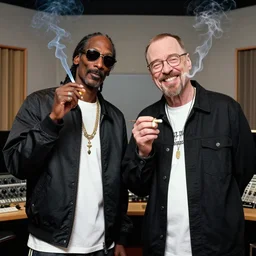 snoop dogg smoking a joint with walter white laughing in the studio, walter white, snoop dogg, smoking weed, music studio, photorealistic