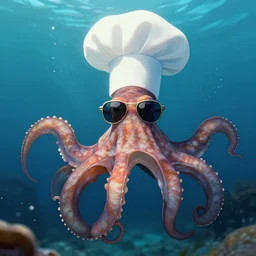 cephalopod, chef hat on top of head, wearing sunglasses, under water, 8 k, art station, greg rutkowski, annie liebovitz, roger deakins