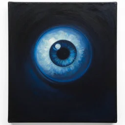 A portrait of a humanoid monster that has a big eye for its head, dark, blue light, black gradient background, oil painting