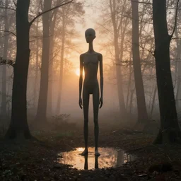 tall subtle humanoid, big head, lost in the foggy woods, puddles of water, by simon stalenhag, roger dean and greg rutkowsky, sunset