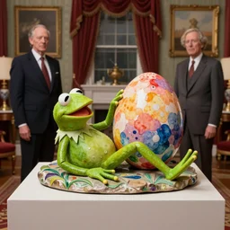 beautiful studio photograph of a surrealist assemblage of kermit the frog laying an enormous technicolor egg in the presidential suite, made of watercolor - painted plaster on a pedestal by ron mueck and matthew barney and rene magritte, hysterical realism intense cinematic lighting shocking detail 8 k