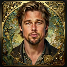 portrait of brad pitt, volumetric lights, feast, music notes, art nouveau botanicals, gothic, intricate, highly detailed, digital painting, artstation, concept art, smooth, sharp focus, symmetric face, illustration, steampunk, art by artgerm and greg rutkowski and alphonse mucha