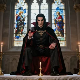 vampire dressed in black and red medieval noble’s clothing, with long black hair, clean shaven, holding a glass of wine and a lit match, sitting atop a catholic church altar, backdrop a shattered stain glass window. photorealistic.