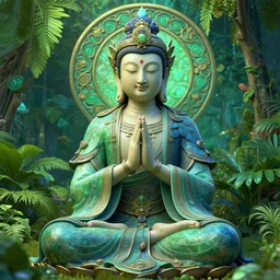 peaceful content gardenpunk bodhisattva, praying meditating, greens and blues, intricate clothing, WLOP digital art artstation, portrait art by artgerm and greg rutkowski and alphonse mucha, HDR, cinematic, vibrant colors, photo realistic, hyperrealism, high detail, matte finish, high contrast, 3d depth, masterpiece, vivid colors, golden ratio