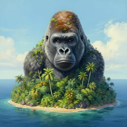 painting of a small jungle island viewed from afar with a large rock formation in the shape of a gorillas head taking up the majority of the island, trending on artstation