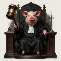 a pig that is a judge, dressed as a judge's robes, seated in court, holding a huge gavel, dark gothic horror painting, elegant intricate digital painting artstation concept art by mark brooks and brad kunkle detailed