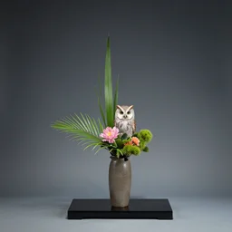 an owl ikebana vase, summer japanese flower arrangement, zen,