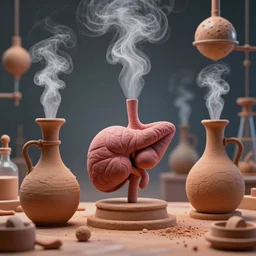 an alchemical laboratory made from clay alembics distilling voices, vapour, air flow, clay, no humans, alchemical drawing, steam, larynx, oesophagus texture, 8 k, unreal, high resolution, vivid colours, 3 d render