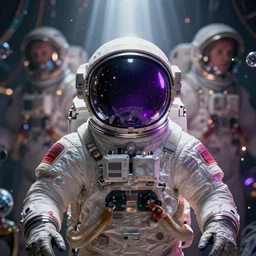 detailed symmetry!!, ( astronaut with purple closed visor ), small twinkling stars behind, by artgerm and charlie bowater and chris rallis, dark age aether punk style, global illumination, radiant light, god rays, bokeh, digital illustration, cg society, unreal engine 5, ray tracing