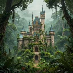 a castle hidden in the jungle, overgrown with trees, misty, whimsical, fantasy art style, highly detailed, 4 k