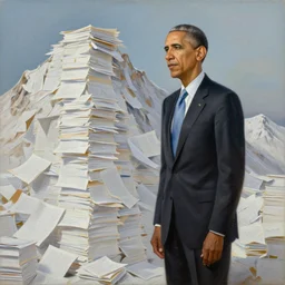 obama nervously standing next to a mountain made of papers, oil on canvas, intricate, portrait, 8 k highly professionally detailed, hdr, cgsociety