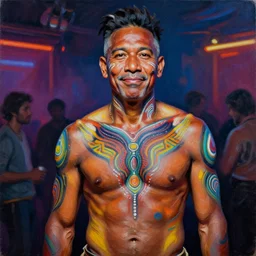 palette knife oil painting portrait of a middle aged, athletic, lean, aboriginal australian hipster, open shirt, body paint, psychedelic, dreamtime, nightclub background, small smile, artstation trending, artgerm, any racial background, deviant art, hipster, octane, substance, art history 8 k