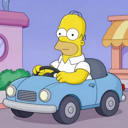homer simpson in his car in the style of cuphead
