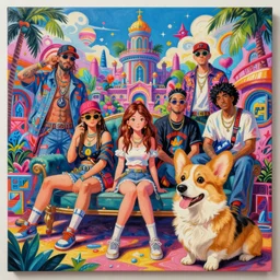 beautiful painting of sunny hiphop solarpunk royalty summertime chill with corgi, by dao le trong, daniela uhlig, craig mullins, craig davison. trending on artstation, 8 k, masterpiece, graffiti paint, fine detail, full of color, intricate detail, golden ratio illustration, anime, corgi