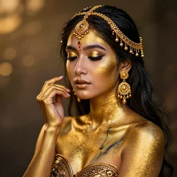 asian girl, liquid golden and black fluid, magic hour, dramatic light, liquid painting, golden bodypaint, world best photography, indian patterns, bokeh, golden jewelry filigree