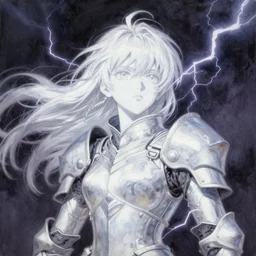 oil painting, sakimi chan, white skin, fantasy armor, detailed face, tony sart, wind, lightning, dramatic lighting