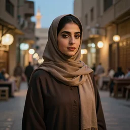 cairo old streets + night life of 1 9 4 0, muizz street + egyptian muslim girl wearing egyptian hijab + highly detailed, 8 k matte, cinematic lighting, artstation, matte painting, volumetric lighting