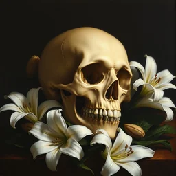 a painting of a human skull with diamonds for eyes nestled on a bed of white lilies, dark shadowy background, in the style of a still life painting by francisco de zurbaran