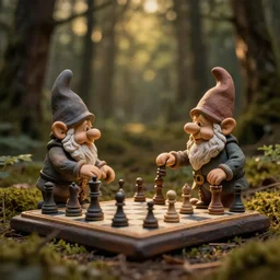 photorealistic clay figures of two gnomes playing chess in a forest, 4 k, intricate, highly detailed, contrast, moody dynamic light, golden hour