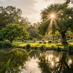 realistic 16k footage, serene beautiful landscape photography of the garden of eden. lake reflections in the foreground, fruit tree's and animals everywhere. sun rays shining through the trees. lens flare. sunset, dramatic lighting by Marc Adamus gyuri lohmuller Ivan Shishkin.